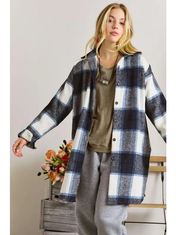 Plaid Flannel Shirt Jacket with Side Pockets